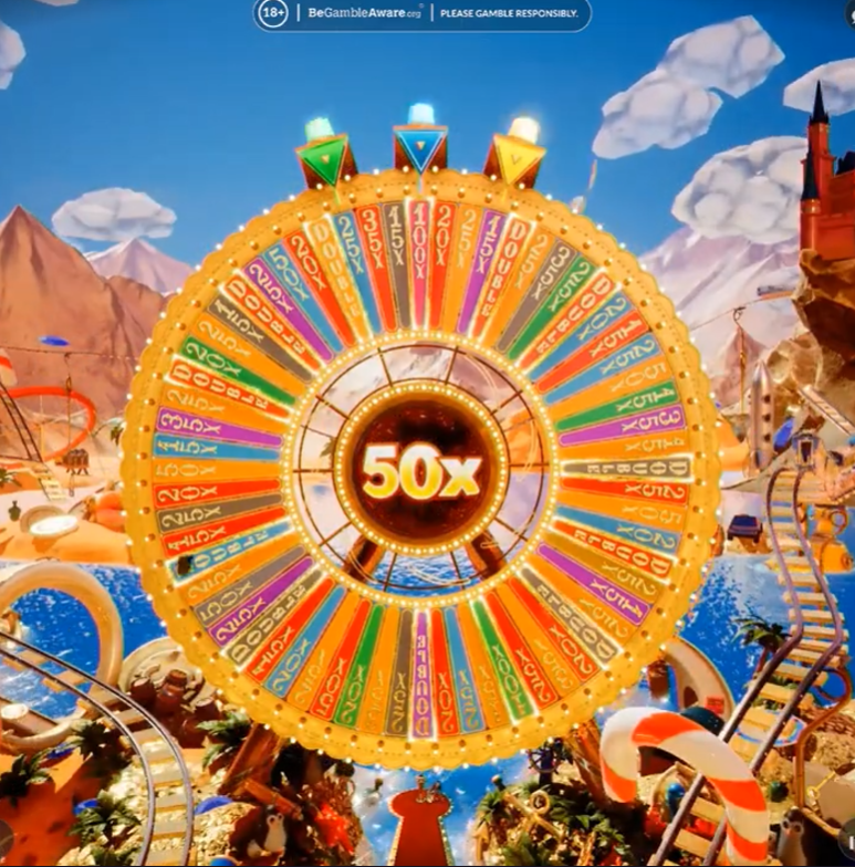 Crazy Time Bonus World ruota gigante con 3 flapper colorati verde blu giallo e 64 segmenti moltiplicatori